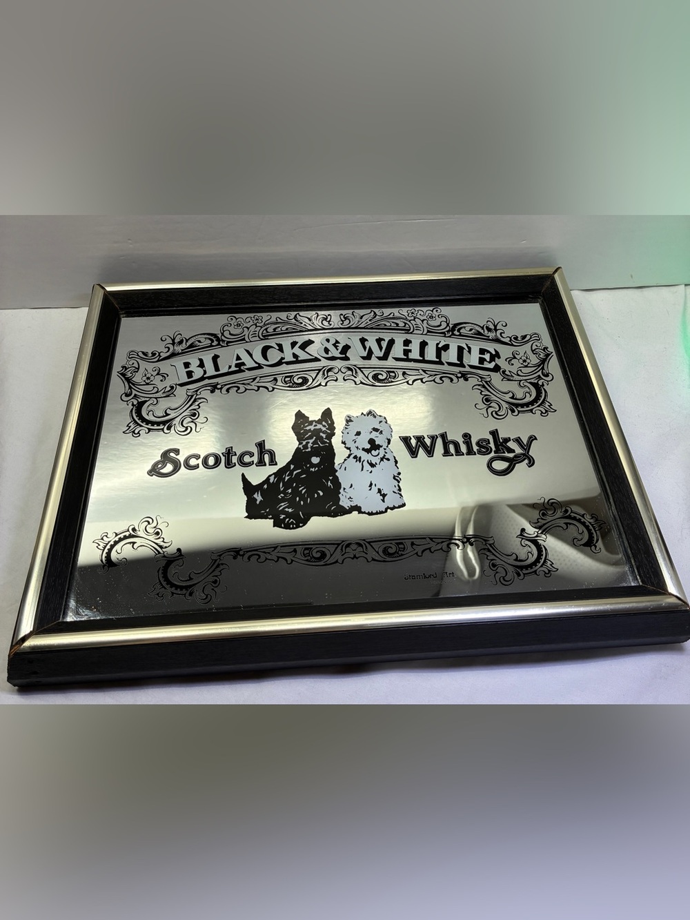 Vintage Black White Scotch Whiskey Terrier Dog Mirror Bar Decor Wood Frame 10x12